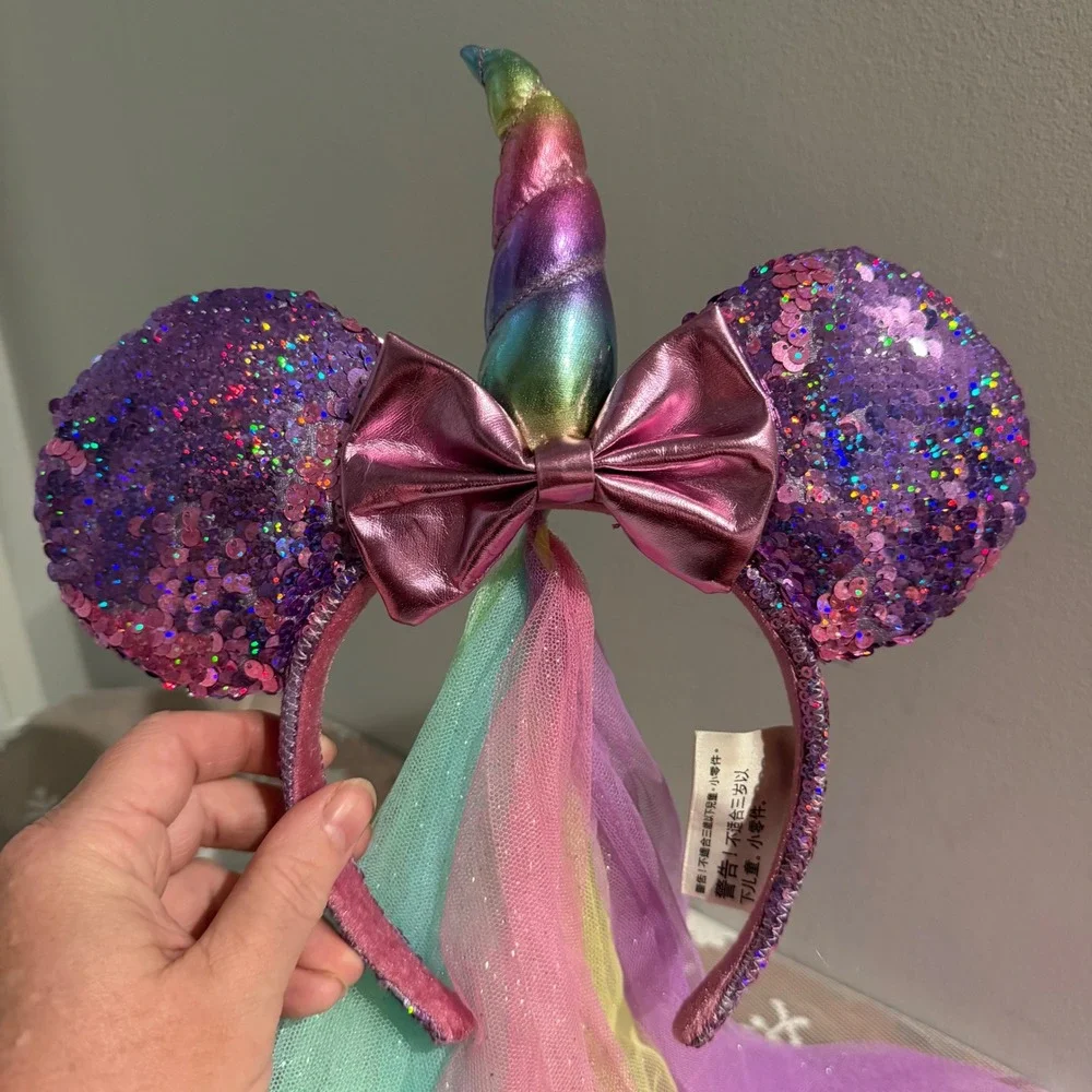 Disney Parks Unicorn Minnie Mouse Ears Headband OS Purple Rainbow Excellent Veil